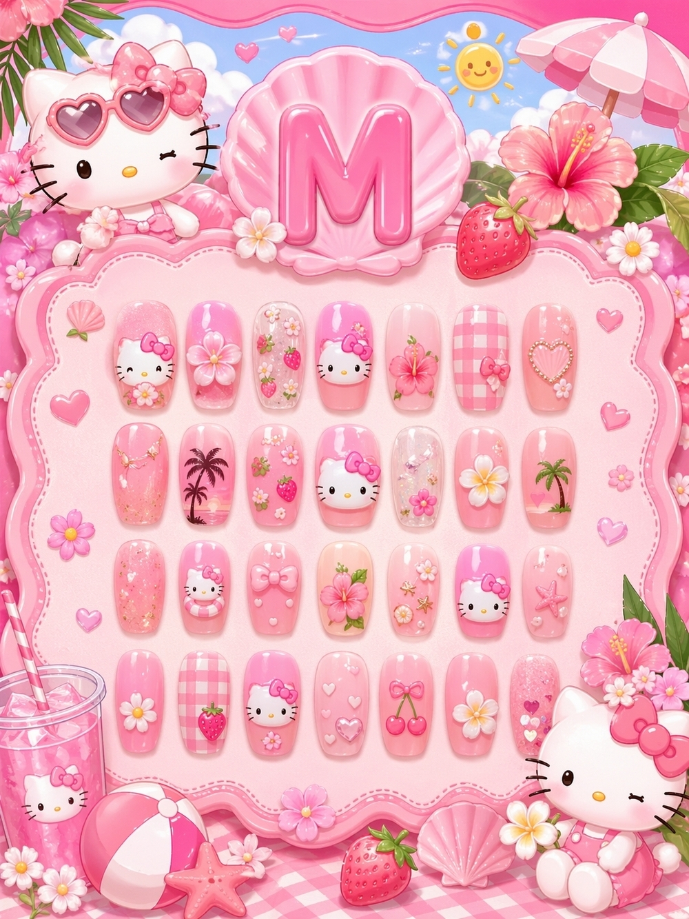 Hello Kitty Pink Floral & Strawberry Press-On Nail Set For Trendy